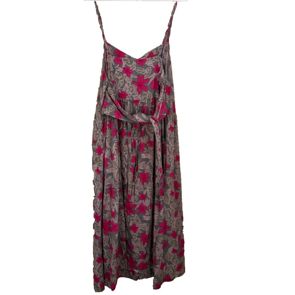 Tropical Floral Button Front Midi Dress L Linen Blend Braided Strap Cottagecore - Picture 2 of 7